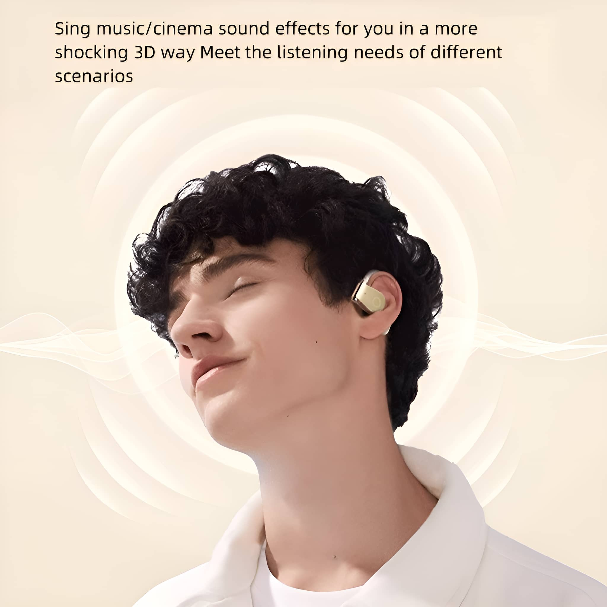 Mann mit goldenem Ohrhörer. Heller Hintergrund mit Text über Sound.