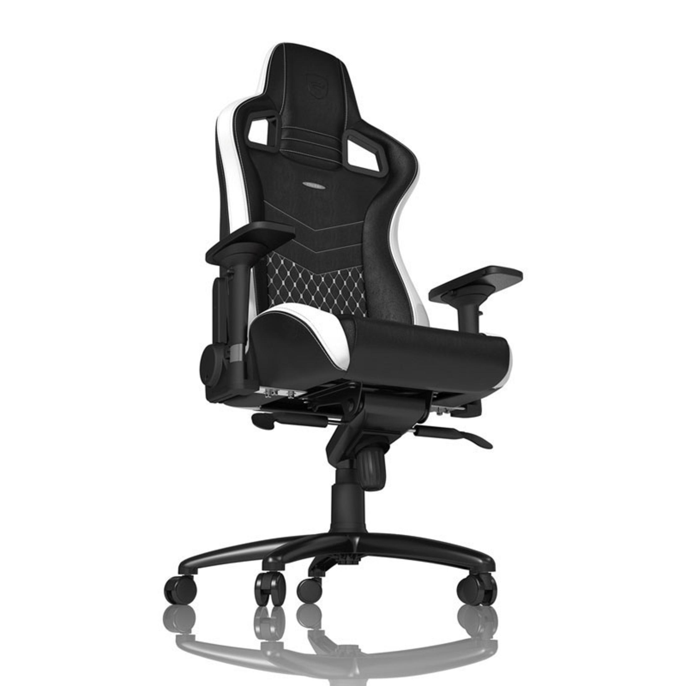 Schwarz-weißer Gaming-Stuhl. Der Stuhl hat eine hohe Rückenlehne und Räder.