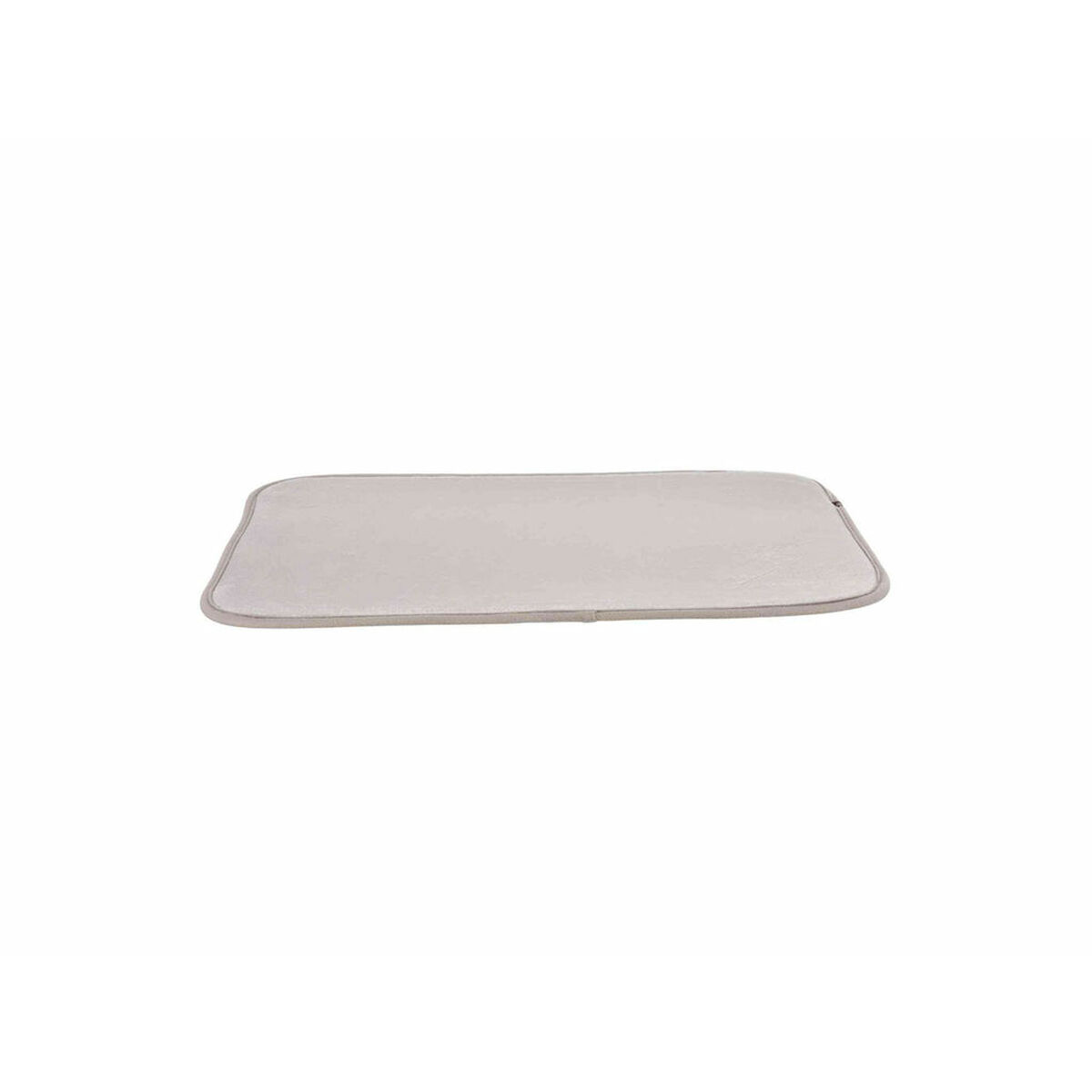 Tappeto rettangolare grigio chiaro con bordo grigio scuro su una superficie bianca.