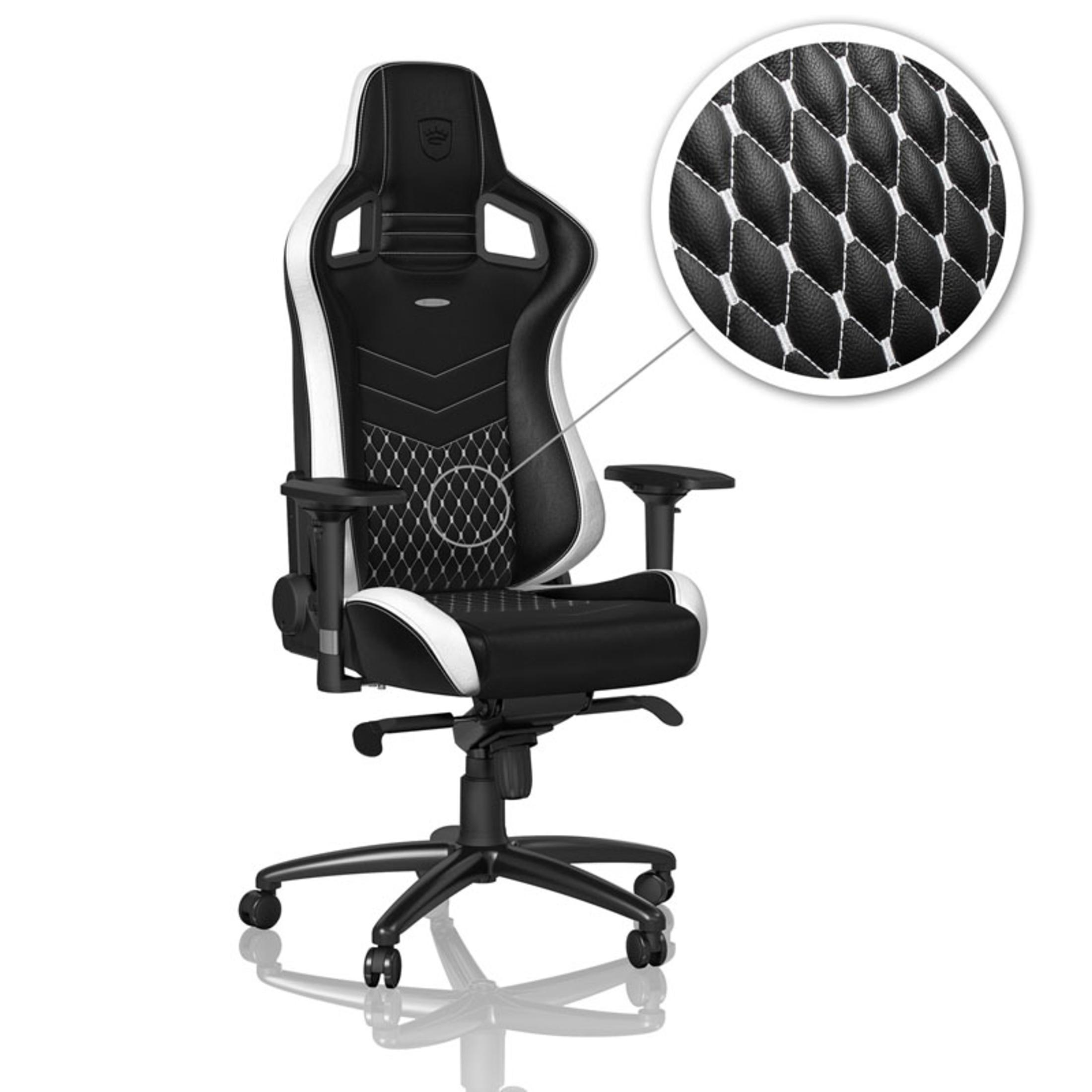 Ein Gaming-Stuhl mit schwarz-weißem Design und Nahaufnahme der Nahtdetails auf dem Stuhl.