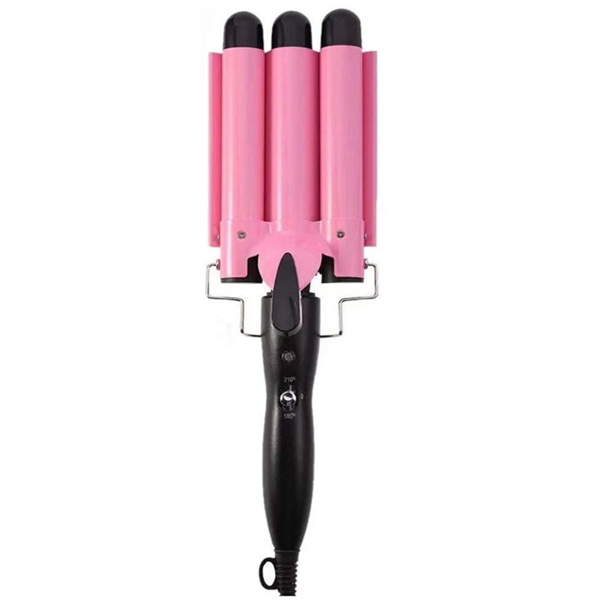 Pinkfarbener Dreifach-Lockenstab. Er ist elektrisch und hat einen schwarzen Griff.