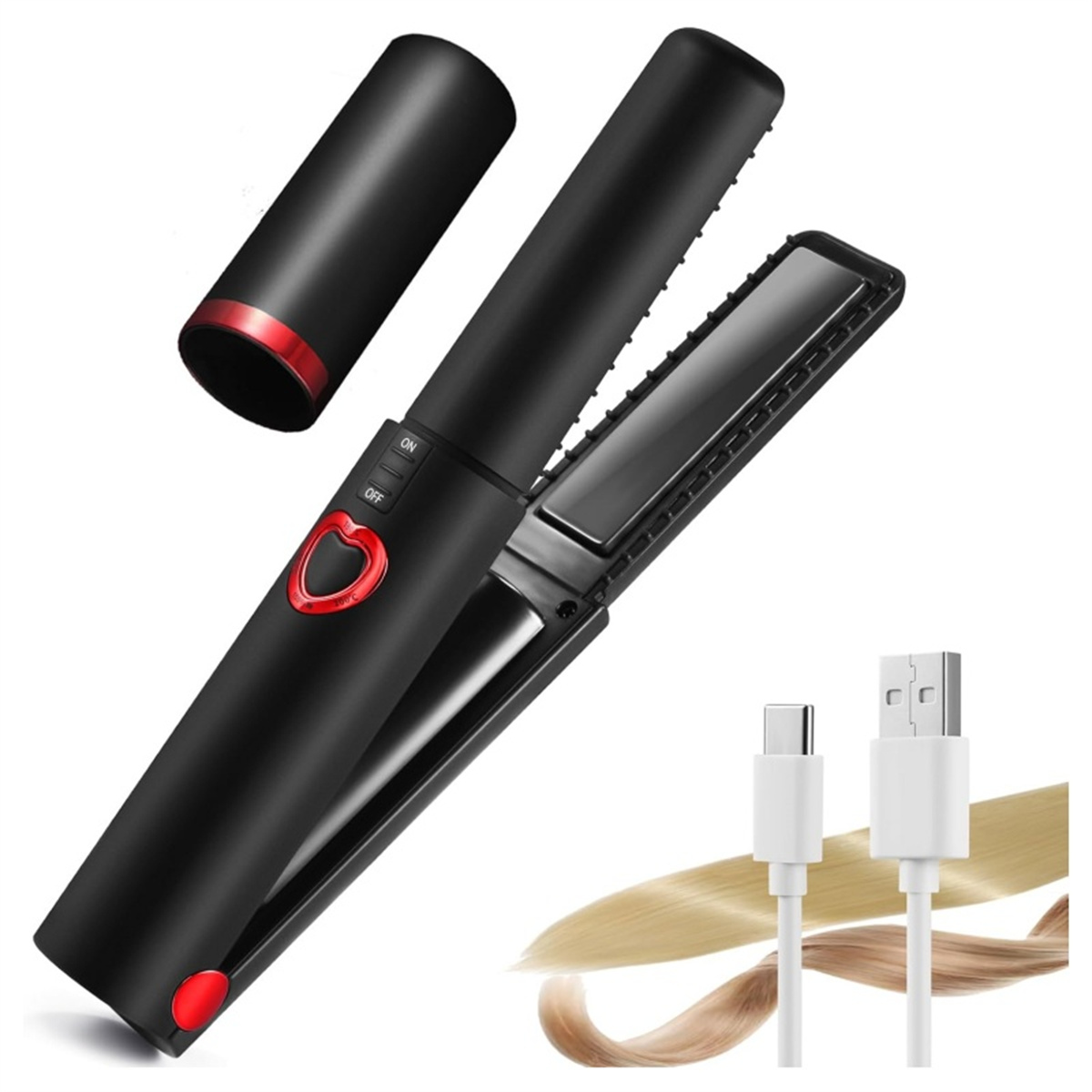 Schwarzer Haarglätter mit roter Herz-Taste und USB-Kabeln.