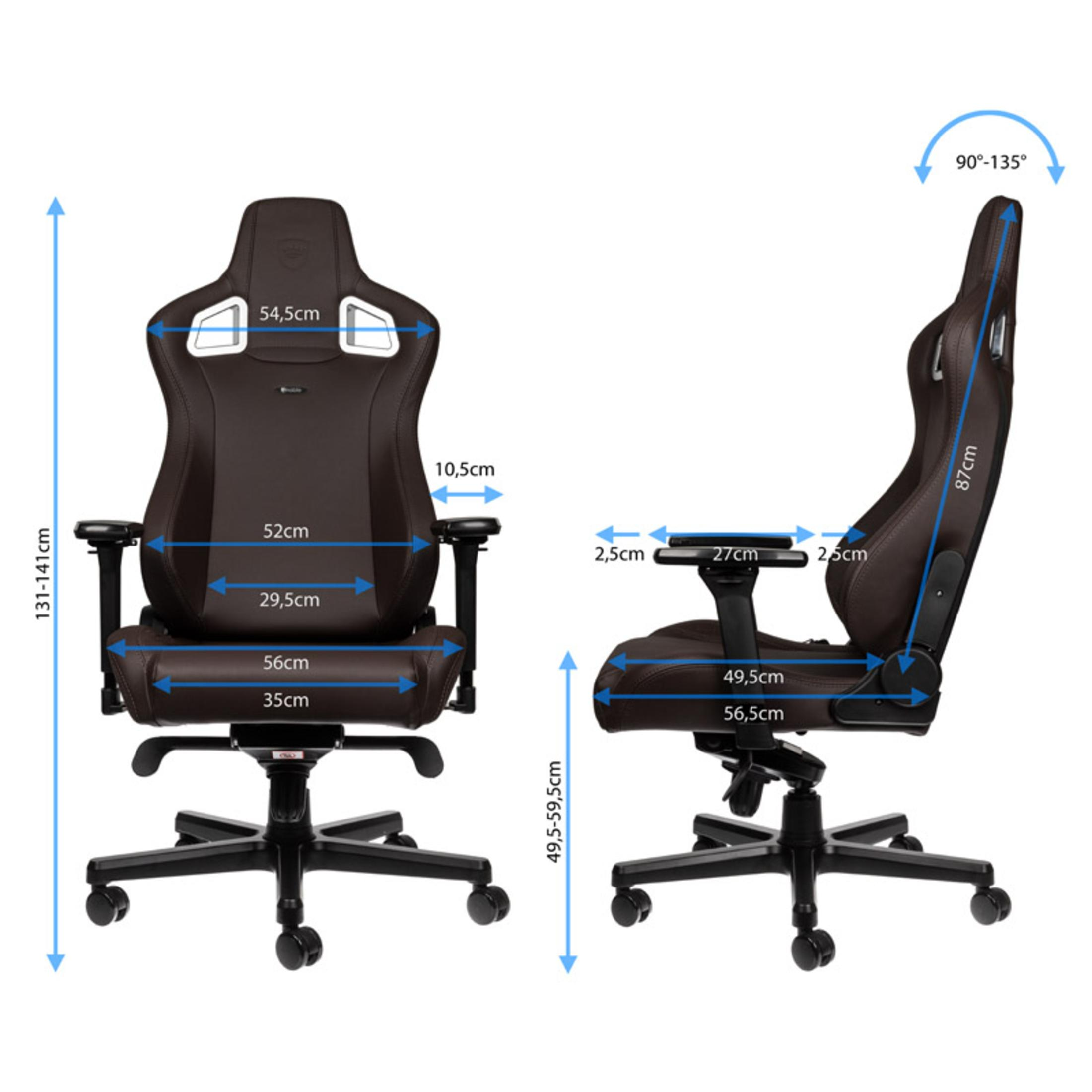 Gaming-Stuhl mit beschrifteten Abmessungen, ergonomisches Design und weißem Hintergrund.