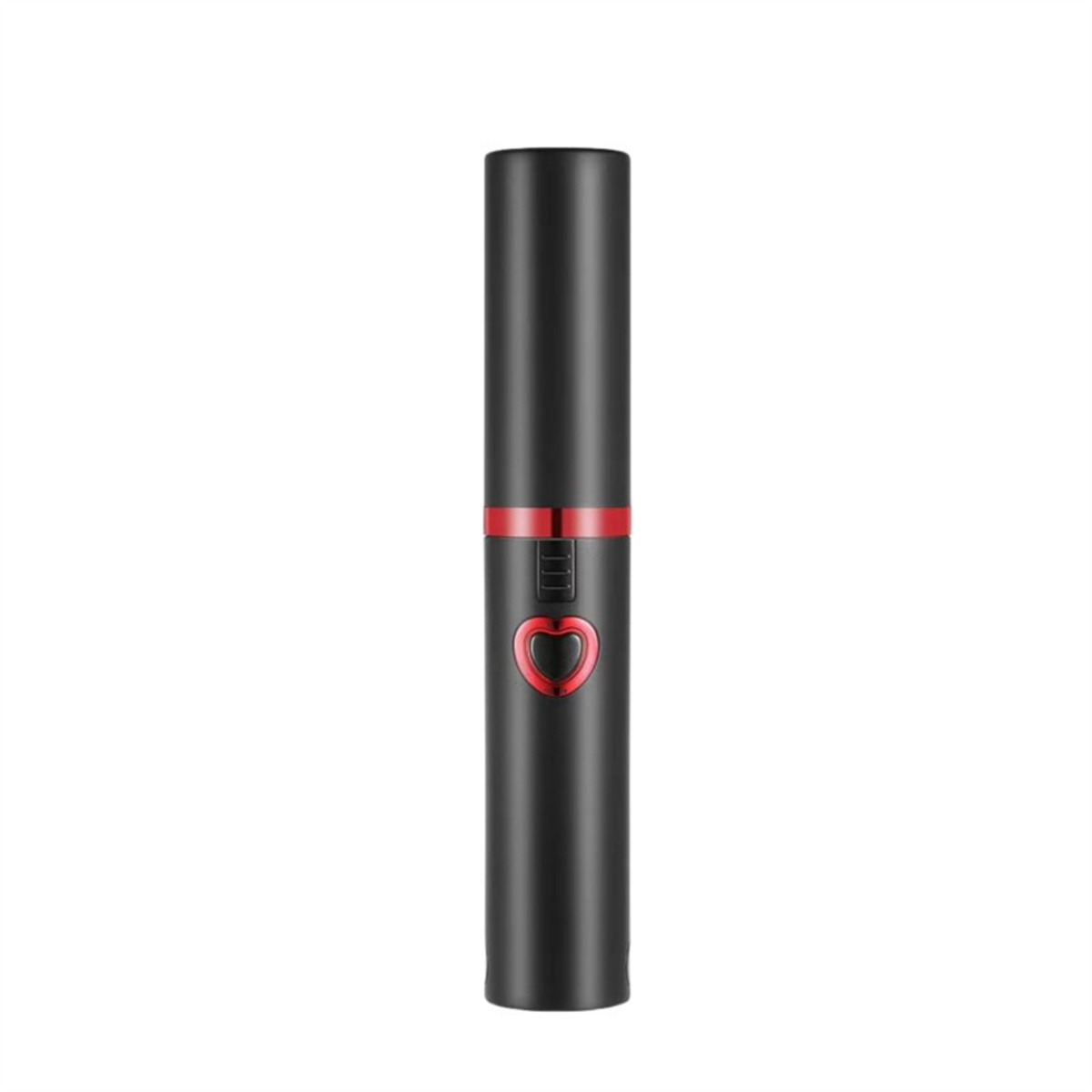 Ein schwarzes, lippenstiftähnliches Gerät mit rotem herzförmigen Knopf.
