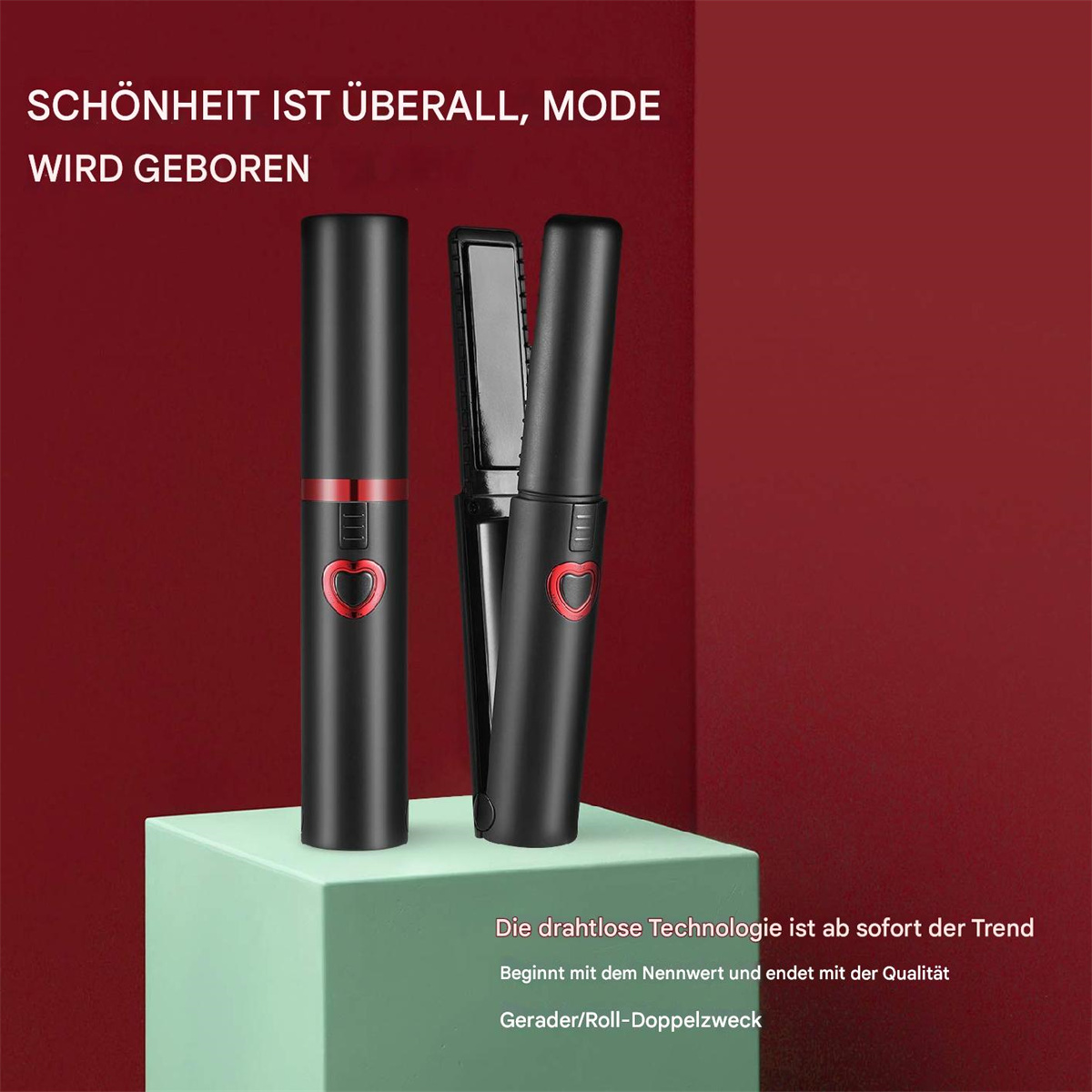 Schönheitsprodukte auf einem Ständer, mit Text über Mode und drahtlose Technologie.