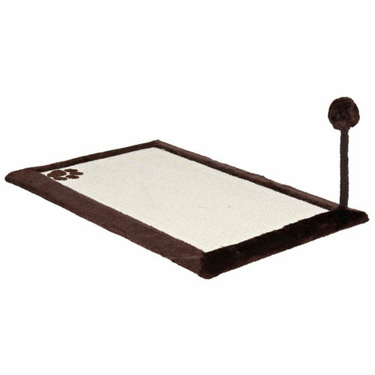 Alfombra rascadora rectangular para gatos con borde marrón y un juguete adjunto. La alfombra es beige.