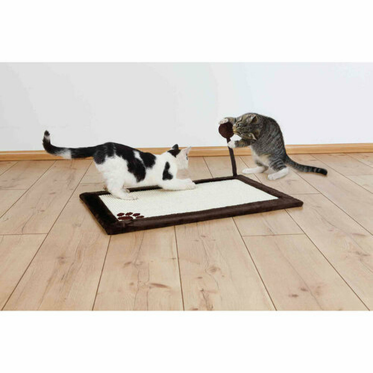 Dos gatos jugando con un rascador. Uno es blanco y negro, el otro atigrado.