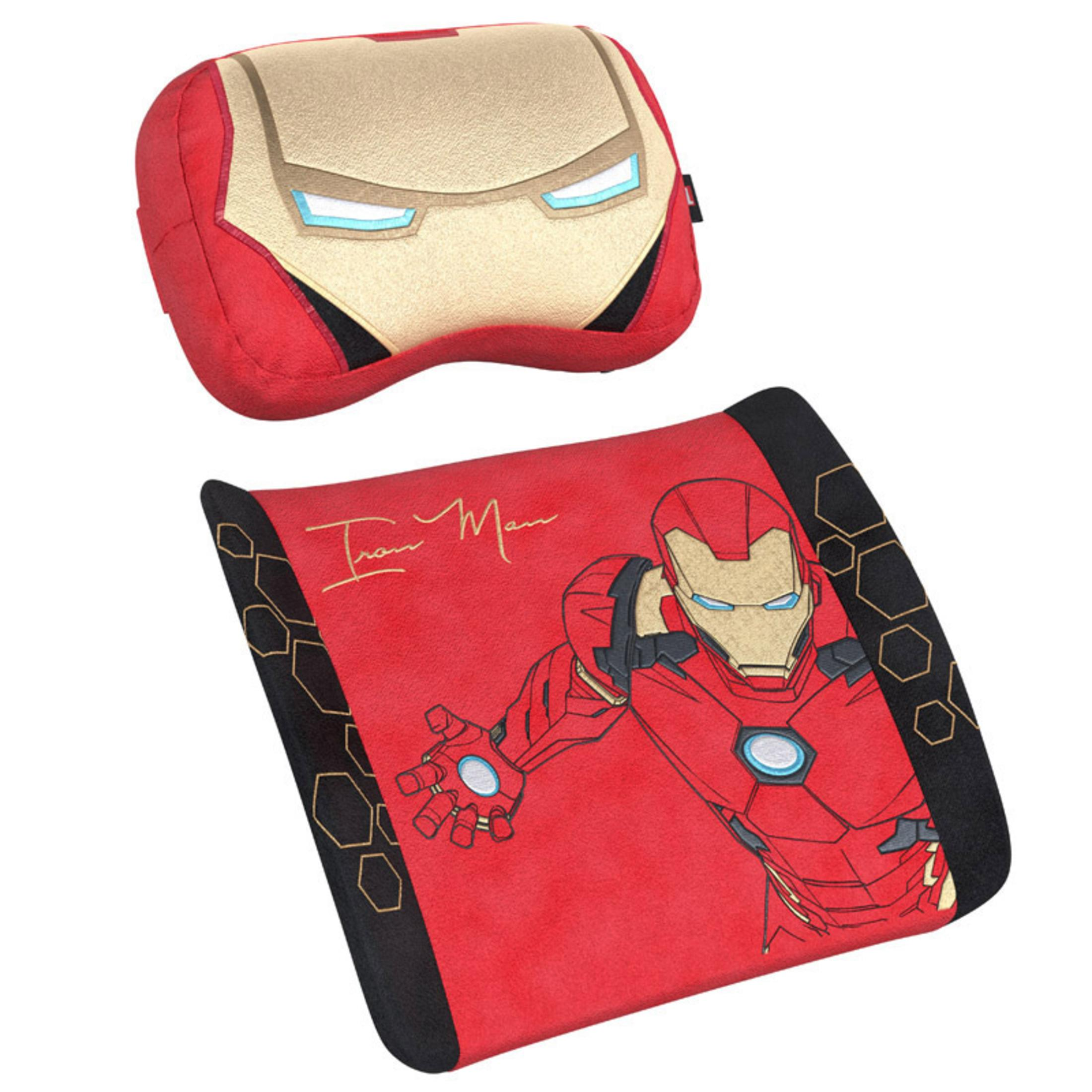 Iron Man Kissen: ein kopfgeformtes, ein rechteckiges mit Iron Man drauf. Rot und schwarz.