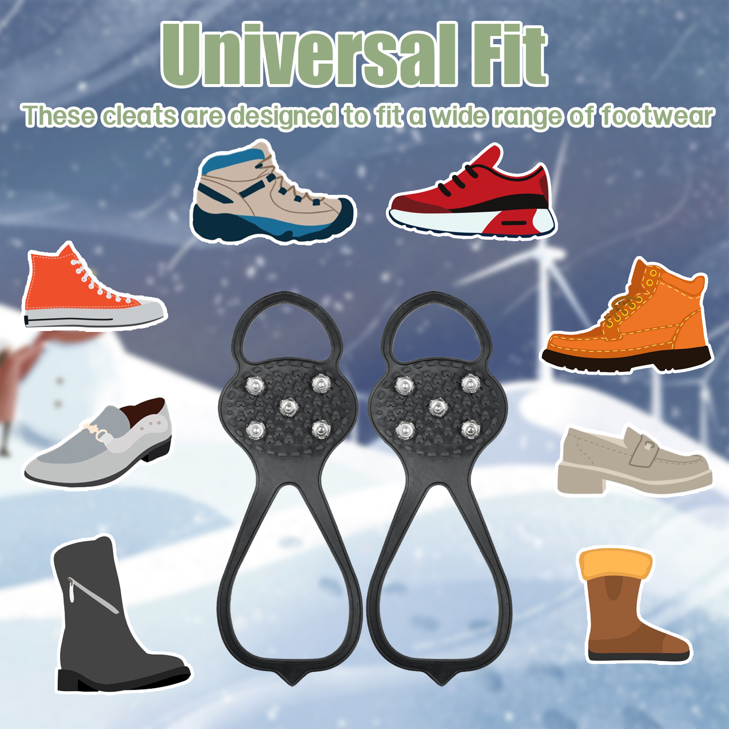 Schuhkrallen mit Spikes und Schuhen im Schnee. Text: 'Universal Fit'. Weißer Hintergrund.
