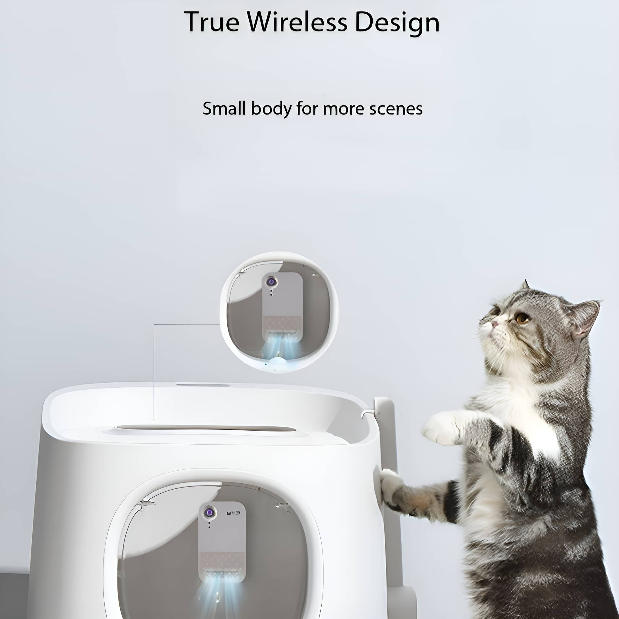 Eine Katze in der Nähe einer weißen Katzentoilette mit Kamera. Ein Diagramm zeigt die Produktkomponenten.