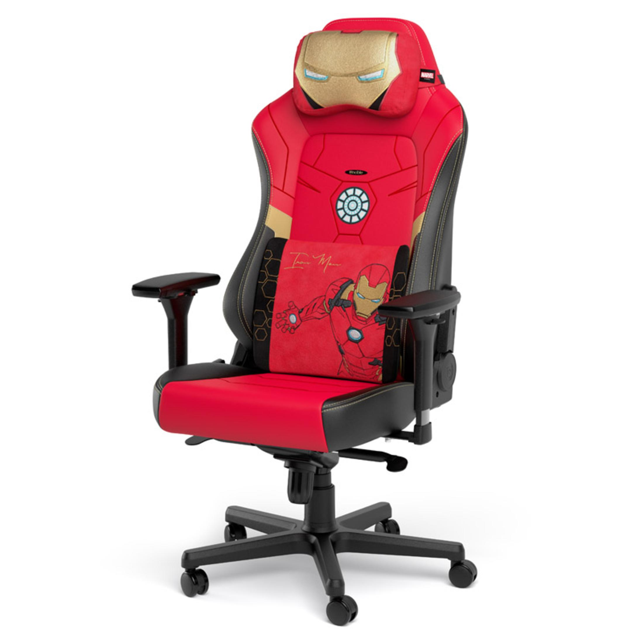 Roter und schwarzer Iron Man Gaming-Stuhl. Goldene Akzente, Kopfstütze und Kissen mit dem Charakter.