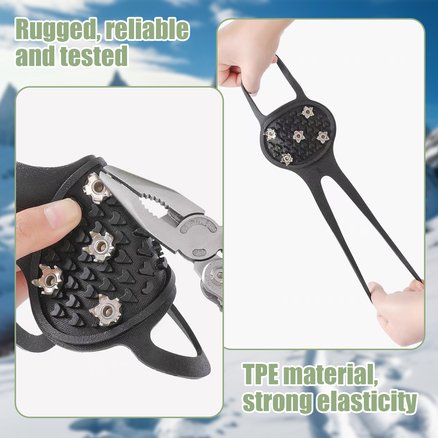 Schuh-Grips mit Metallspikes werden mit einer Zange installiert.