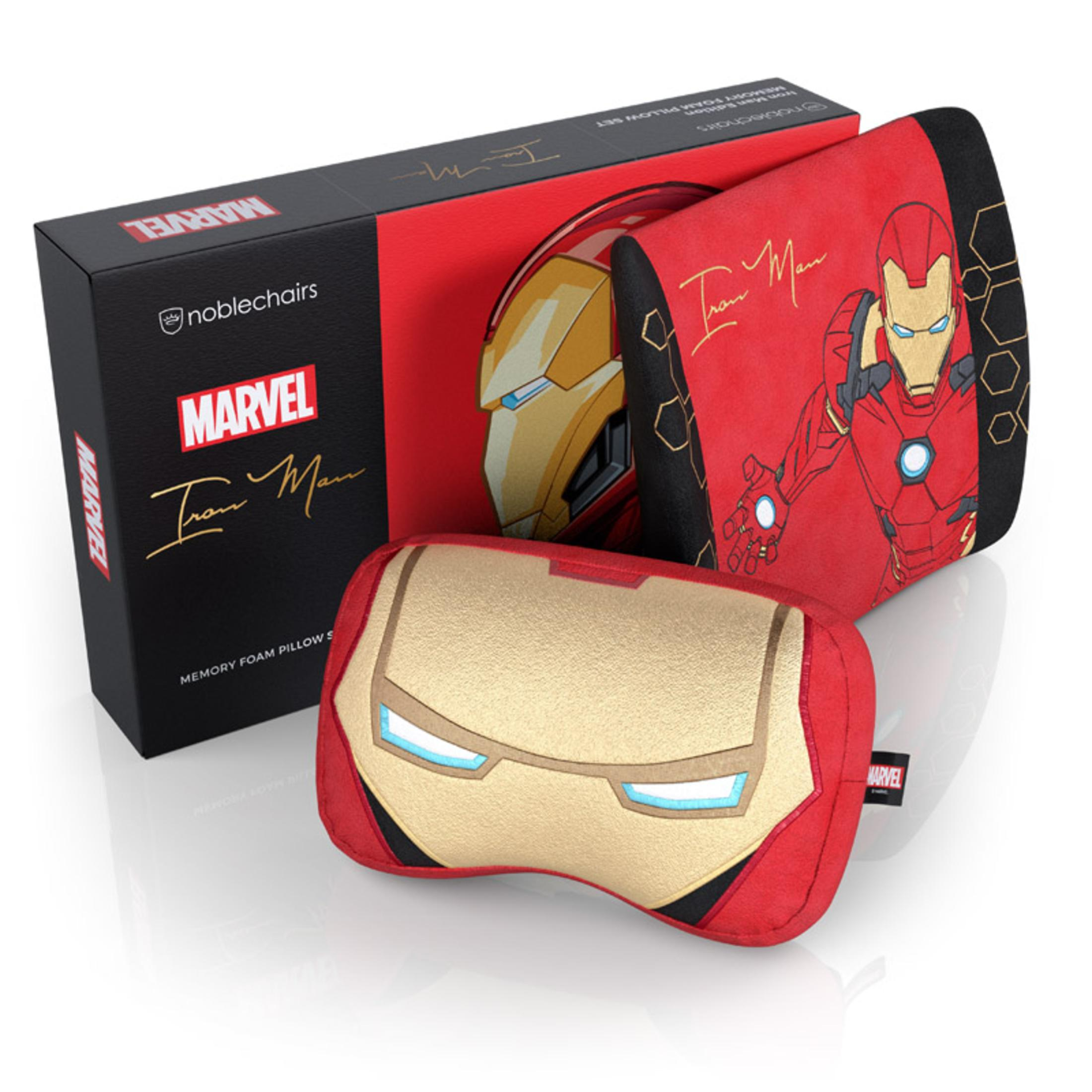 Iron Man-Memory-Foam-Kissen und -Box. Rote, goldene und schwarze Farben, mit Iron Man-Helm.