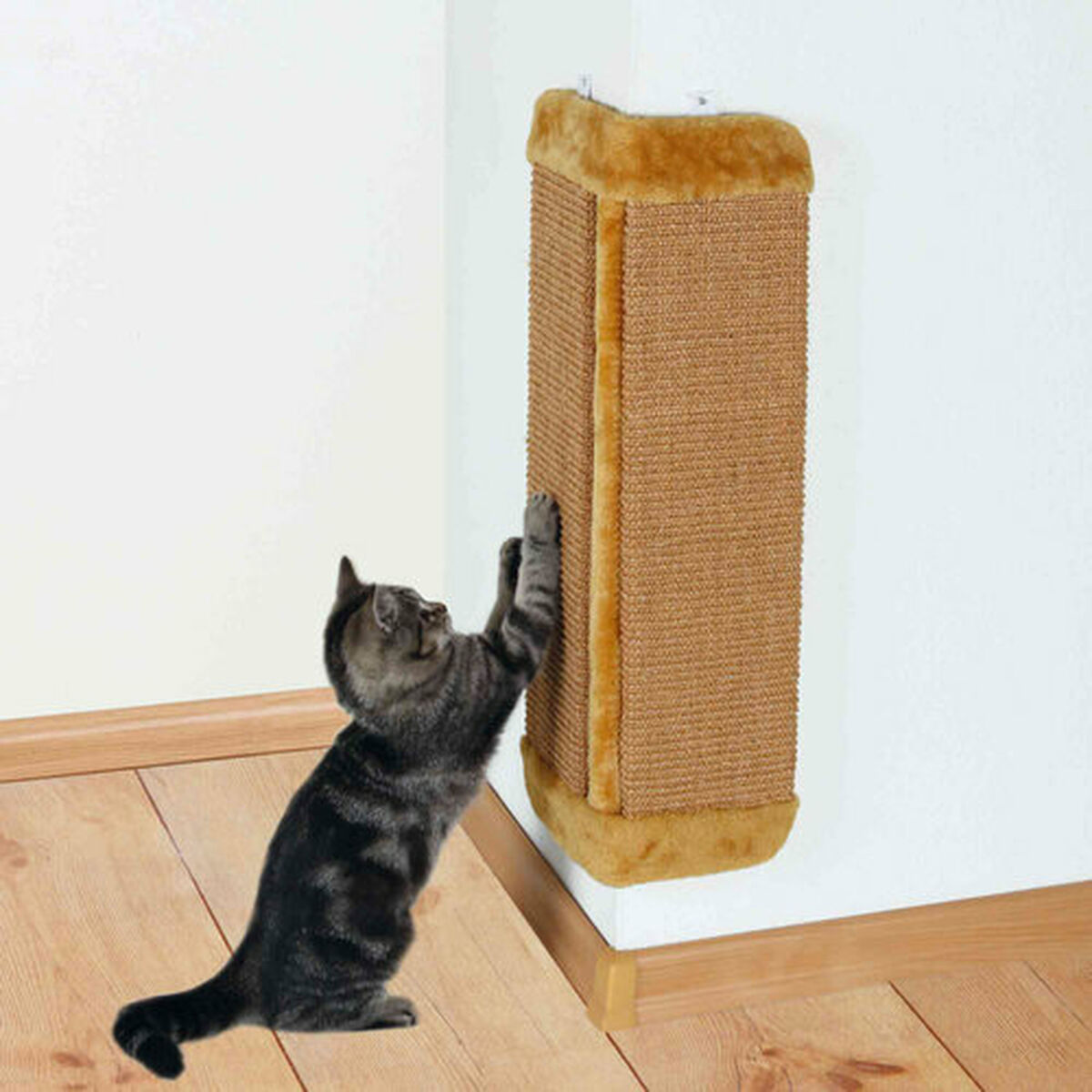 Katze kratzt an einem braunen, strukturierten Eckpfosten. Die Katze ist grau und schwarz.