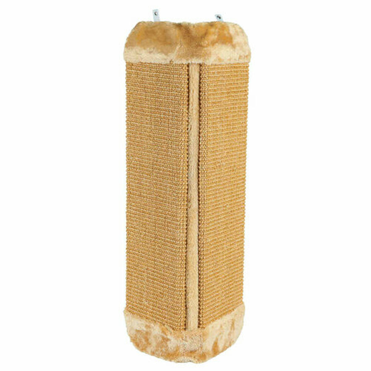 Eine vertikale Katzenkratzsäule. Sie ist beige mit einem flauschigen oberen und unteren Teil. Der Hintergrund ist weiß.