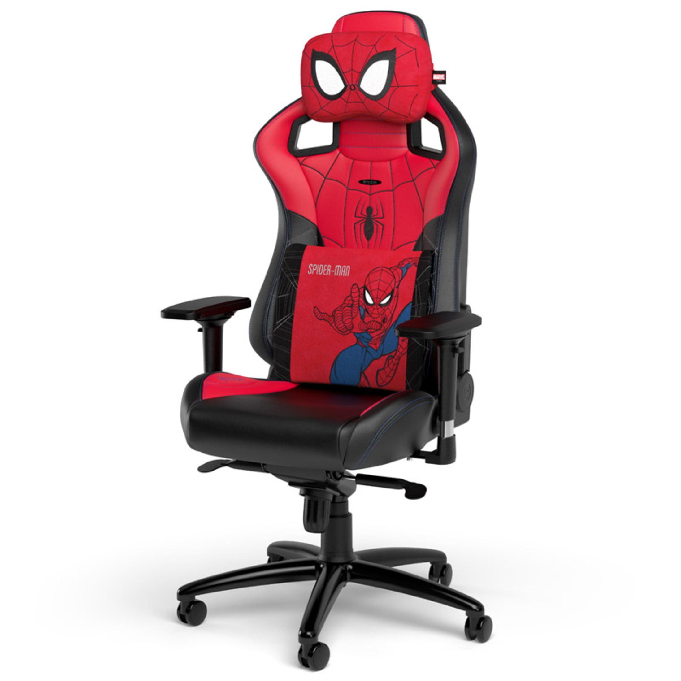 Gaming-Stuhl im Spider-Man-Design mit rotem und schwarzem Design, Spider-Man-Gesicht auf Kopfstütze und Kissen.