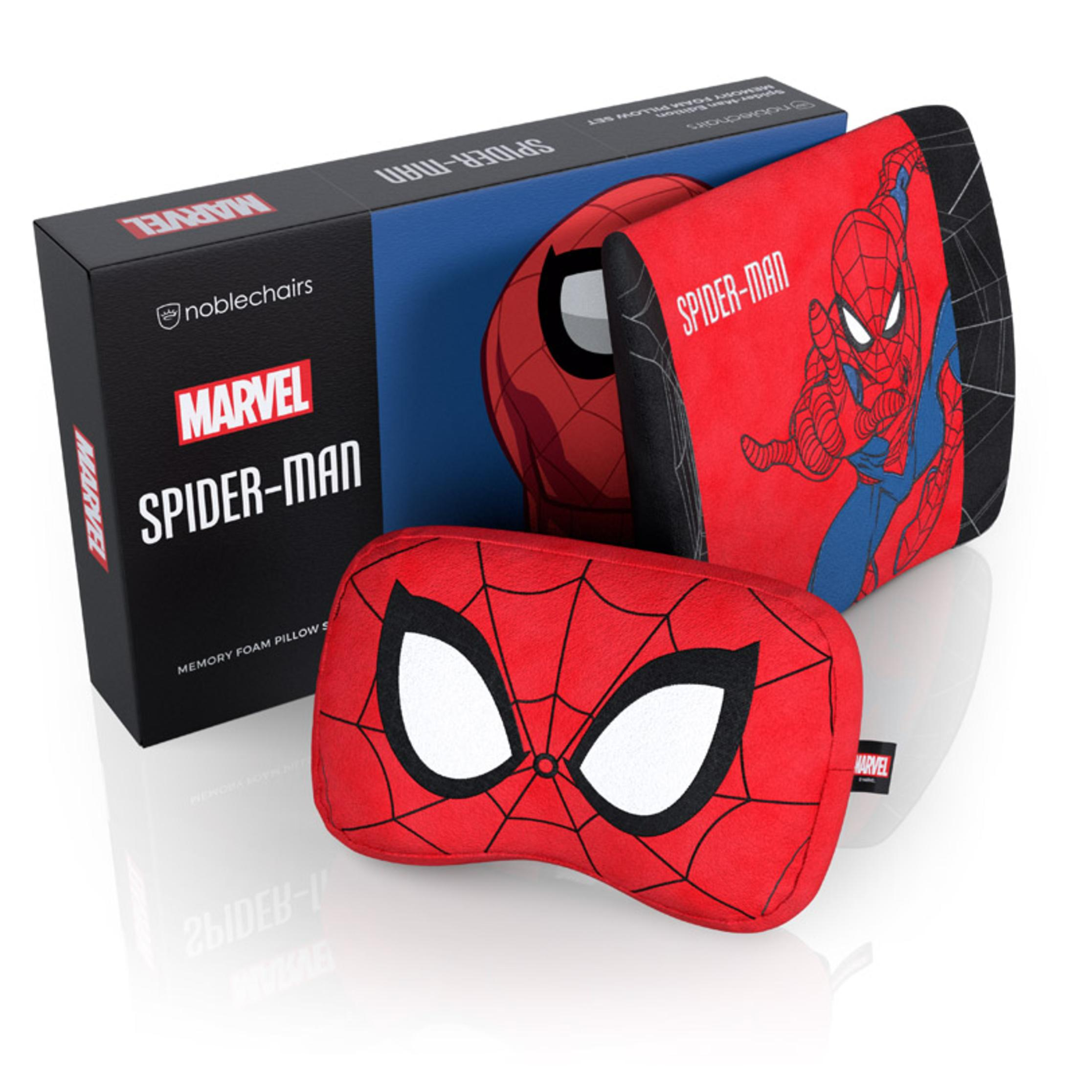 Spider-Man Memory-Schaum-Kissen-Set. Box, Kissen und kissenförmiges Gesicht. Rote und schwarze Farben.