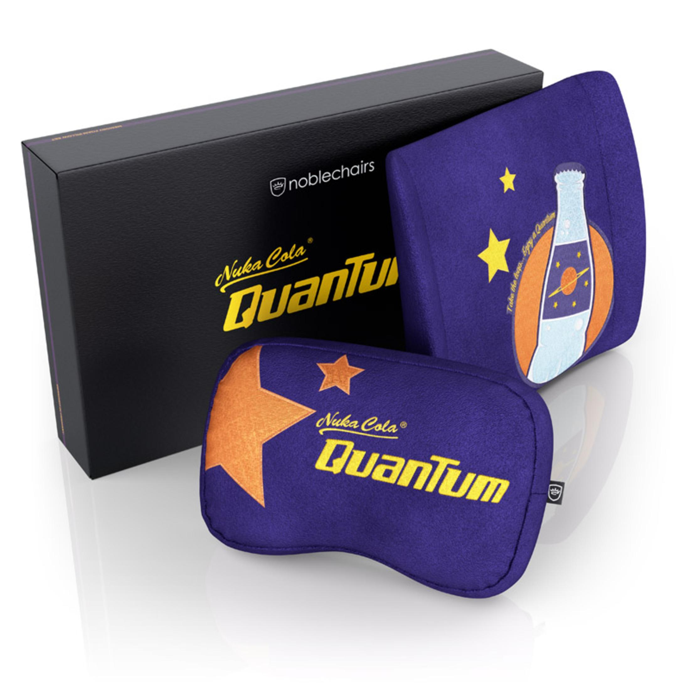Nuka Cola Quantum Kissen- und Box-Set, mit Stern-Logo-Design.