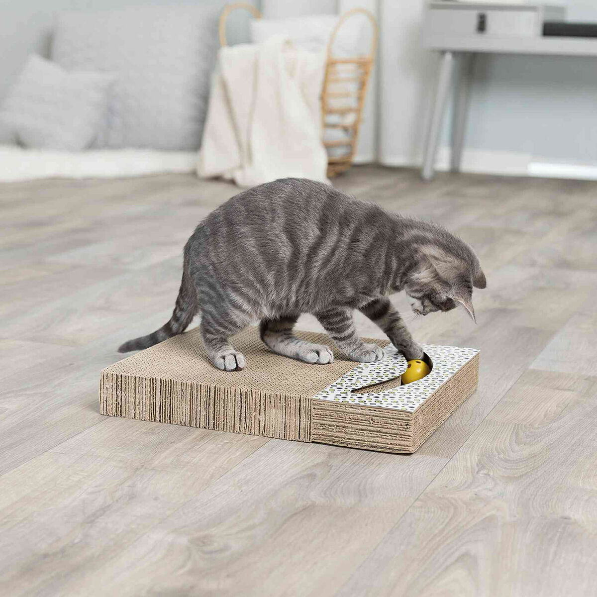 Katze spielt mit Spielzeug auf einem Karton-Kratzer. Das Spielzeug ist ein gelber Ball.