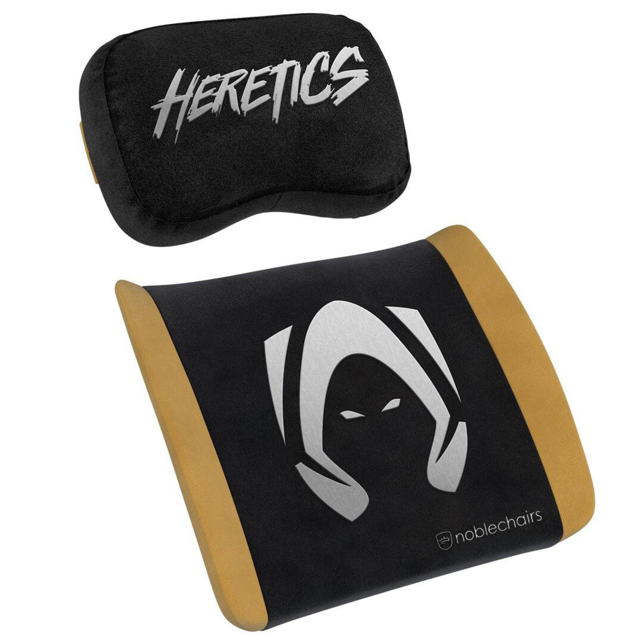 Zwei schwarz-goldene Gaming-Stuhlkissen, eines mit "Heretics" und das andere mit Logo und "noblechairs".