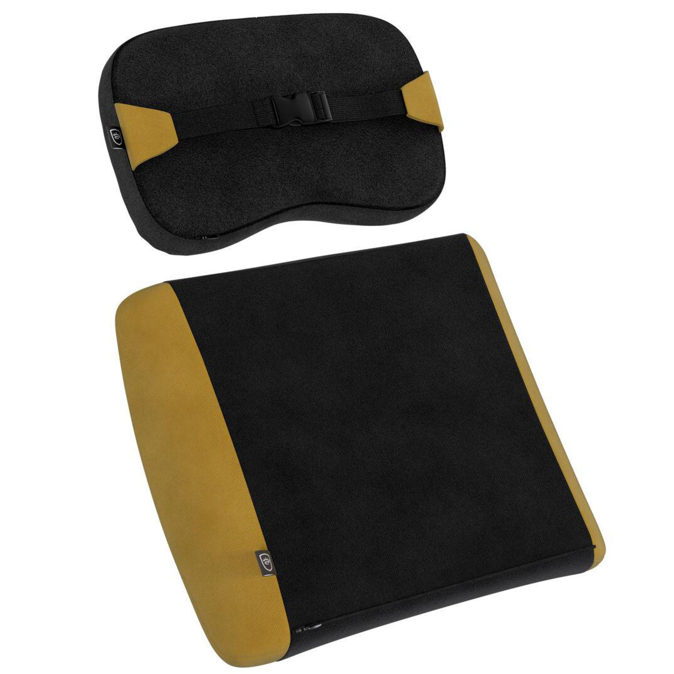 Zwei schwarz-gelbe ergonomische Kissen. Eines ist eine Rückenlehne, das andere ein Sitz.