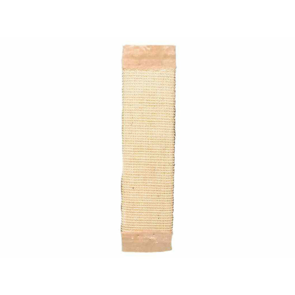Un tiragraffi per gatti color beige. È alto, rettangolare e realizzato in materiale tessuto.