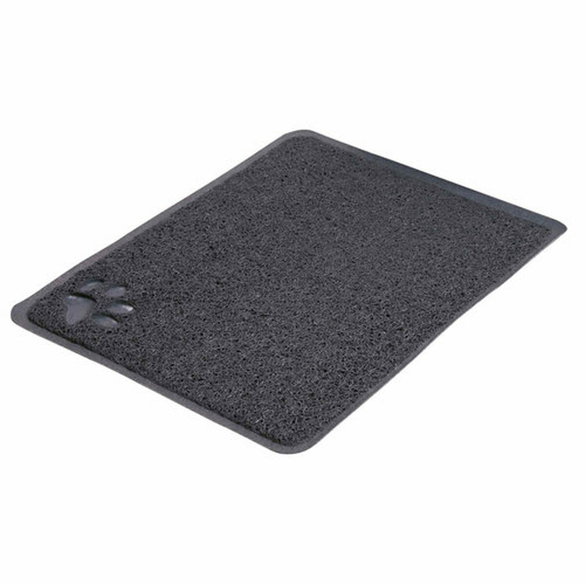 Una alfombrilla gris oscuro para mascotas con una huella de pata a la izquierda, sobre fondo blanco.