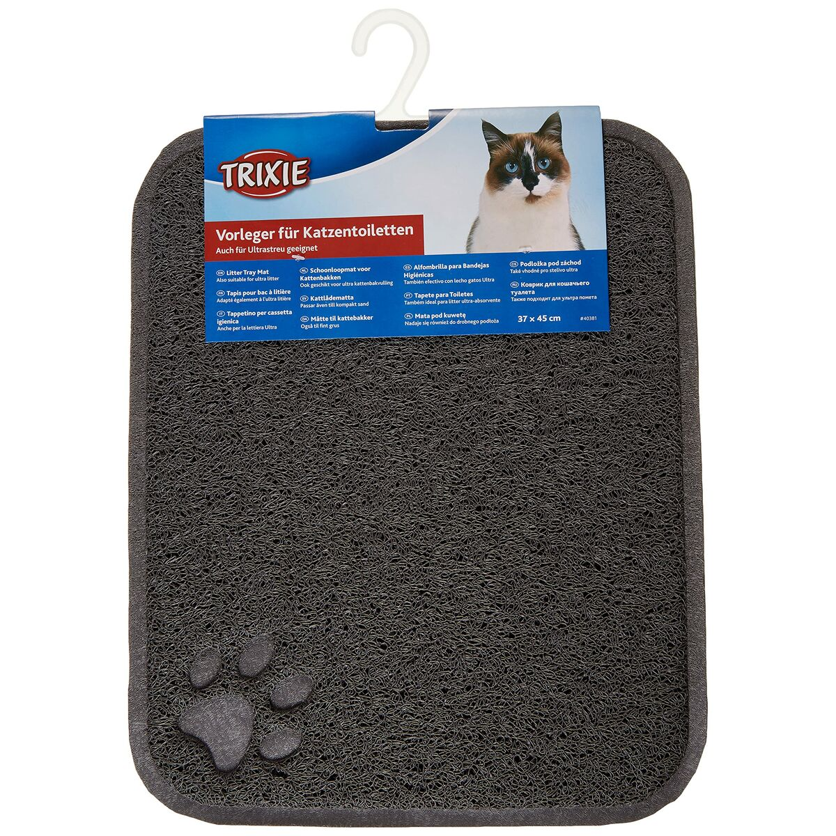 Alfombra para arena de gato gris oscuro con huella de pata, y colgador y etiqueta del producto.