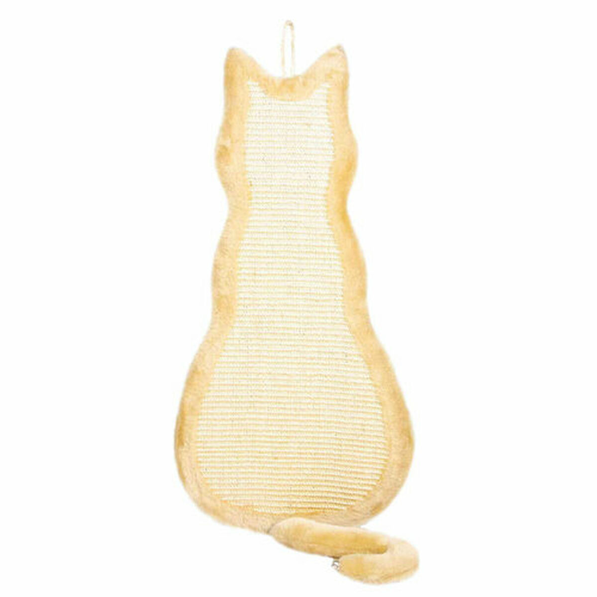 Katzenförmiger Kratzbaum. Beige, mit Schwanz und Aufhängeschlaufe.