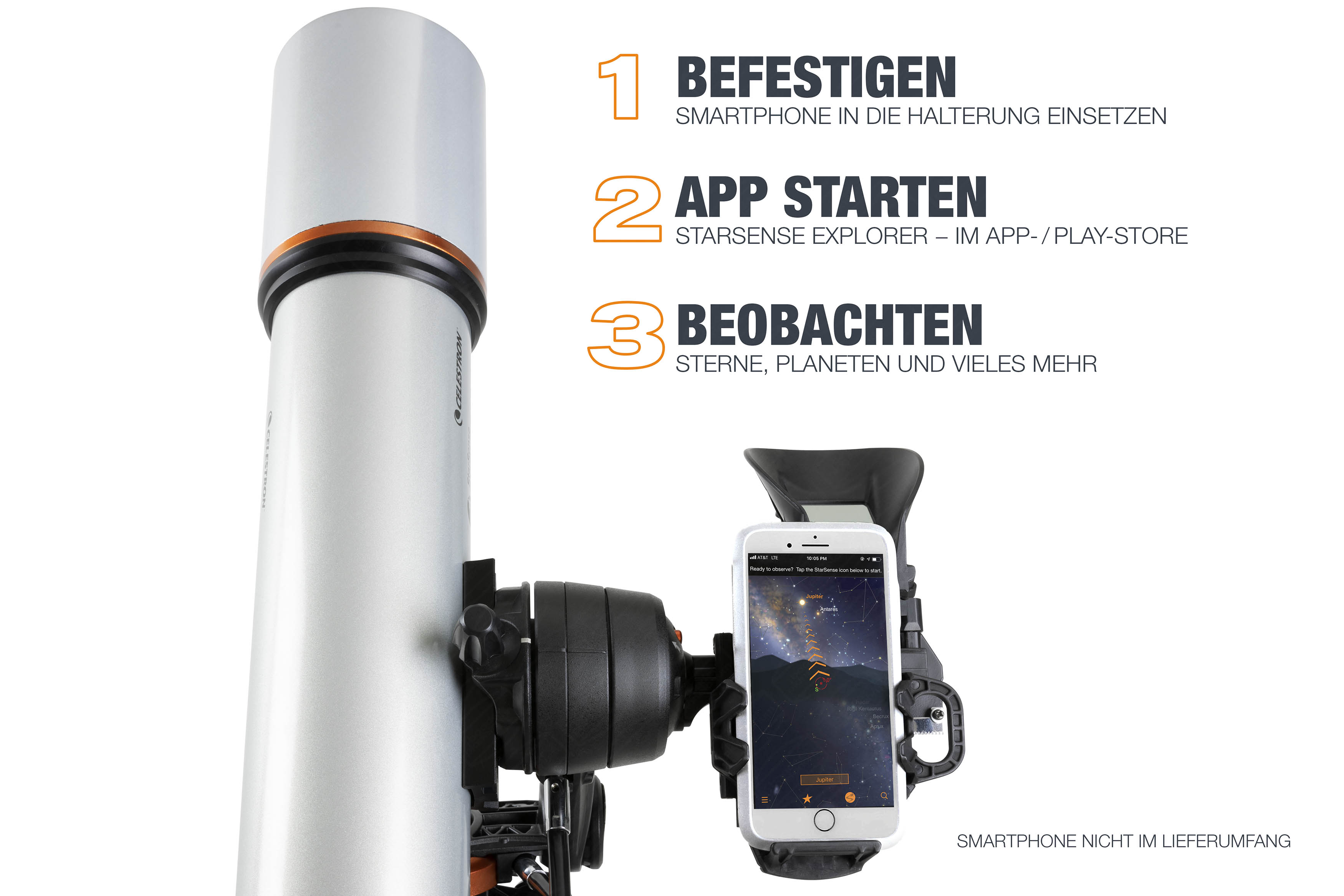 Ein Teleskop mit Smartphone, das Anweisungen zur Verwendung zeigt.