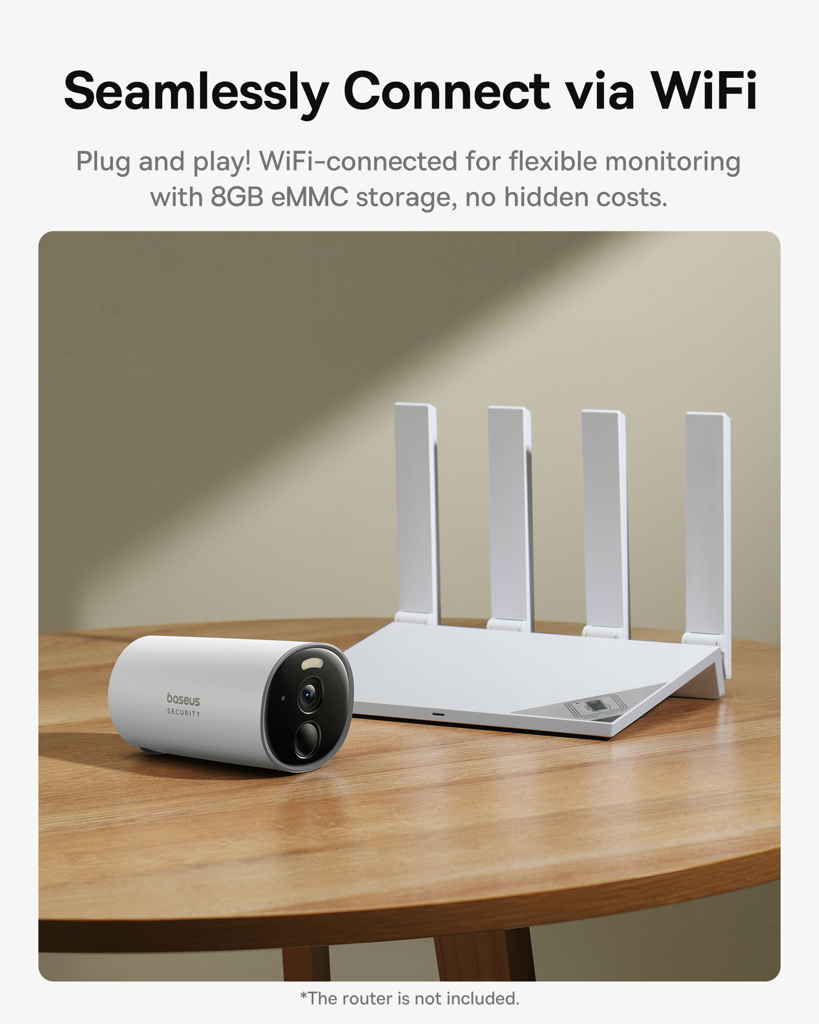 Een witte router en een witte beveiligingscamera op een houten tafel. Tekst: Verbind via WiFi. Zwarte tekst.
