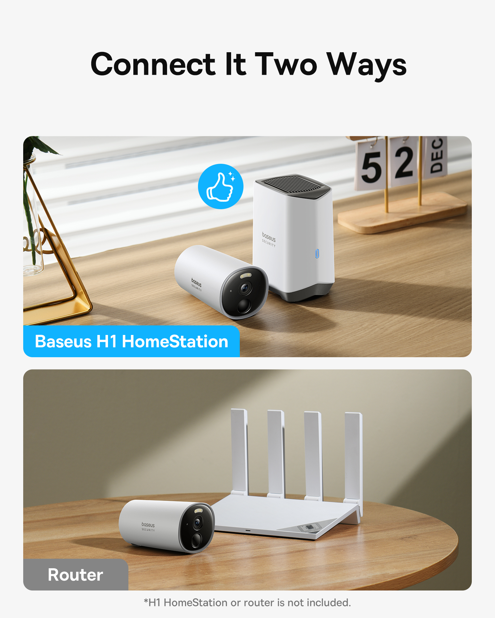 Witte en grijze thuisnetwerkapparaten op een houten tafel. Eén is een router, de andere een camera.