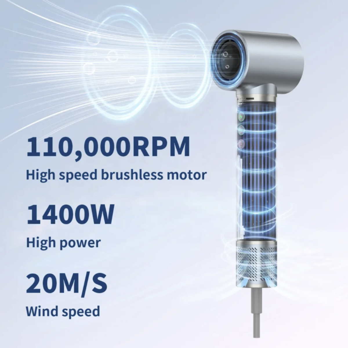 Ein silberner und schwarzer Haartrockner mit Spezifikationen: 110.000 U/min, 1400 W, 20 m/s.