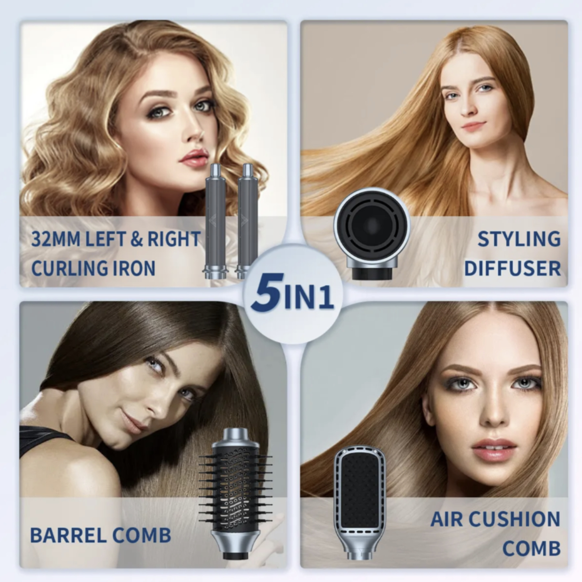 Collage von Frauen mit Haarstyling-Geräten wie Lockenstab, Diffusor und Kamm.