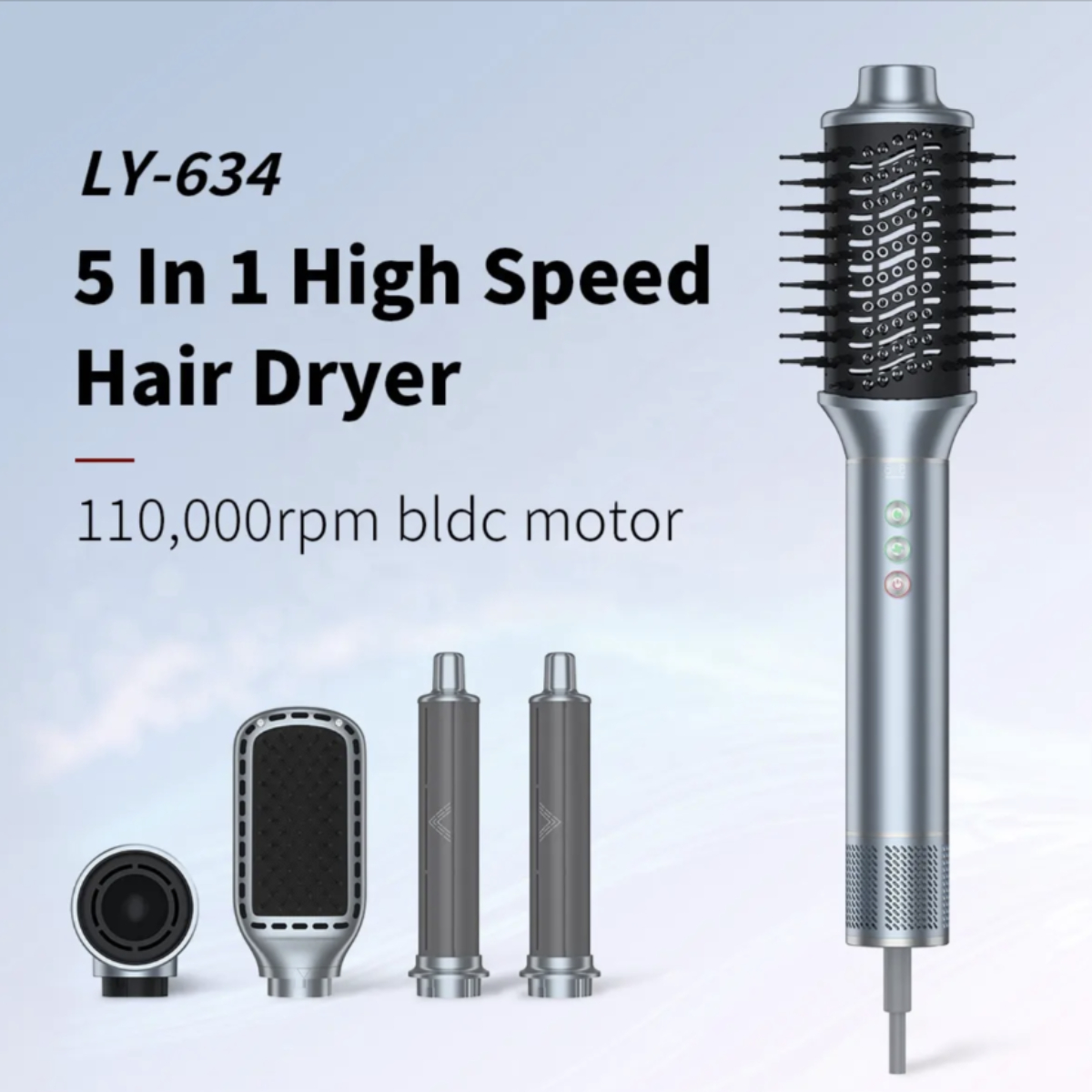 Ein 5-in-1-Haartrockner mit Aufsätzen und Text: '5 In 1 High Speed Hair Dryer'.