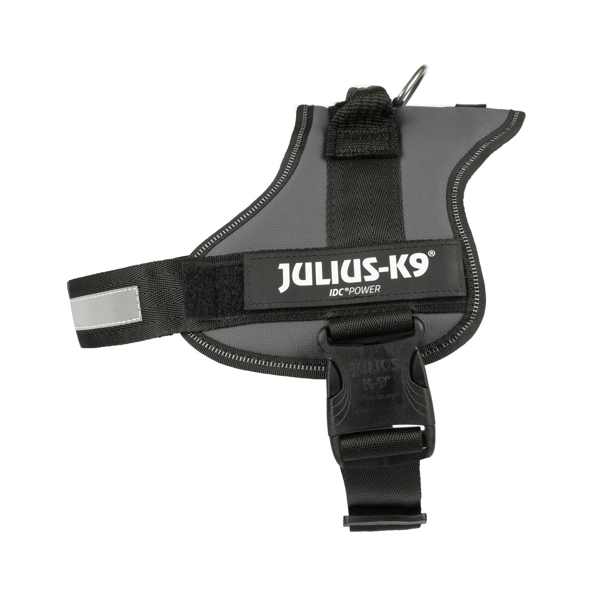 Graues Hunde-Geschirr mit schwarzen Riemen und dem Julius-K9-Logo, isoliert auf Weiß.