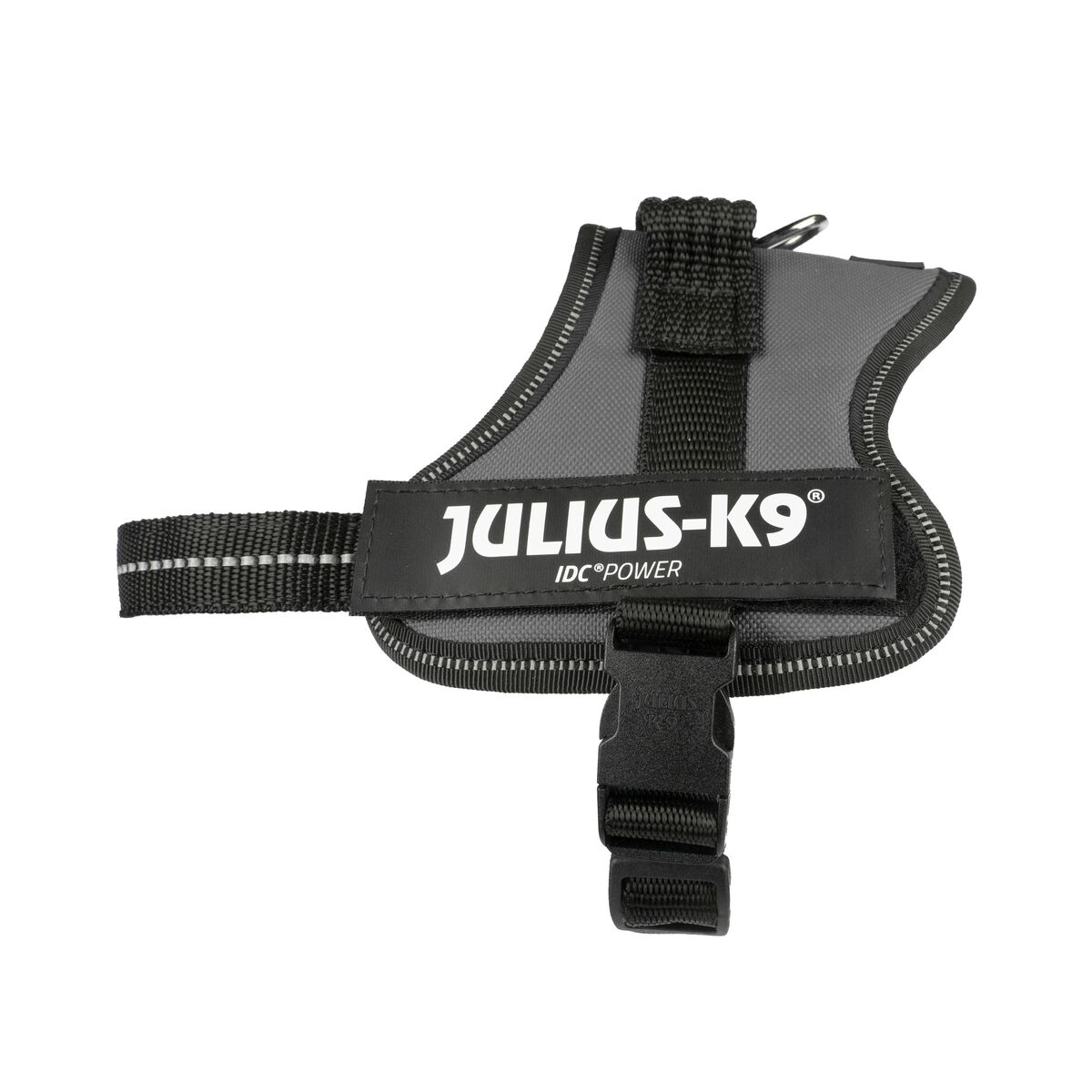 Arnés gris para perros con detalles en negro. La marca 'JULIUS-K9' es visible en una franja blanca.