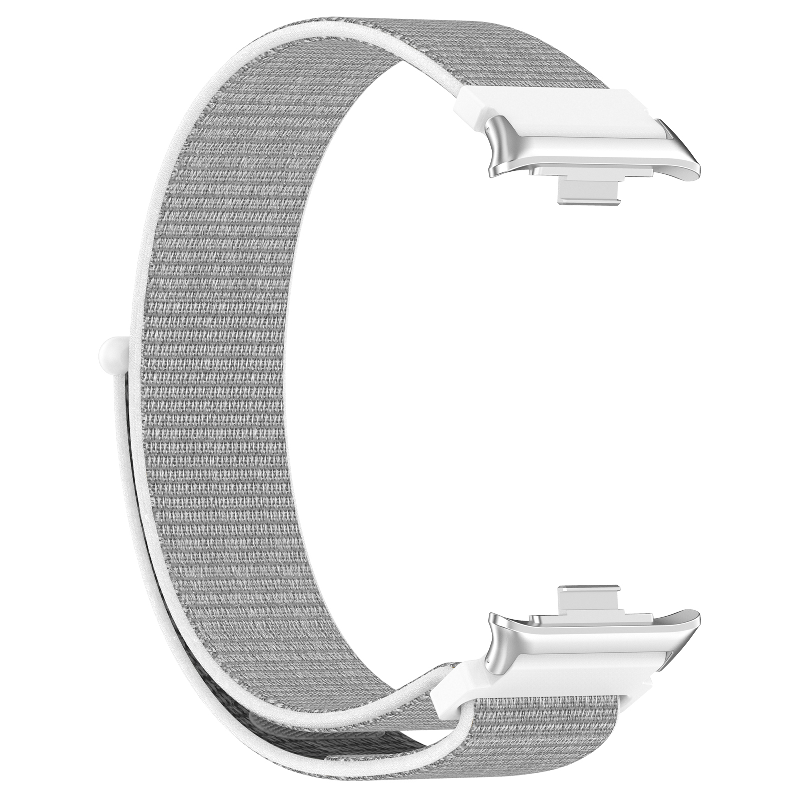 Szary materiałowy pasek do zegarka z białymi plastikowymi złączami, w kształcie litery C.