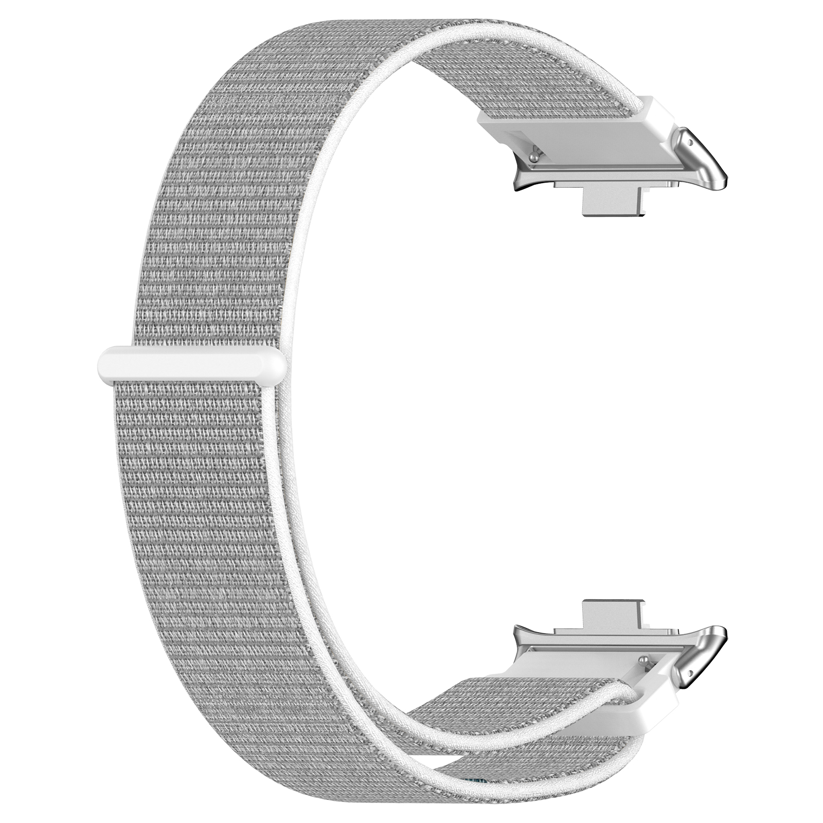 Szary i biały pasek do zegarka. Pasek jest wykonany z tkanego materiału.