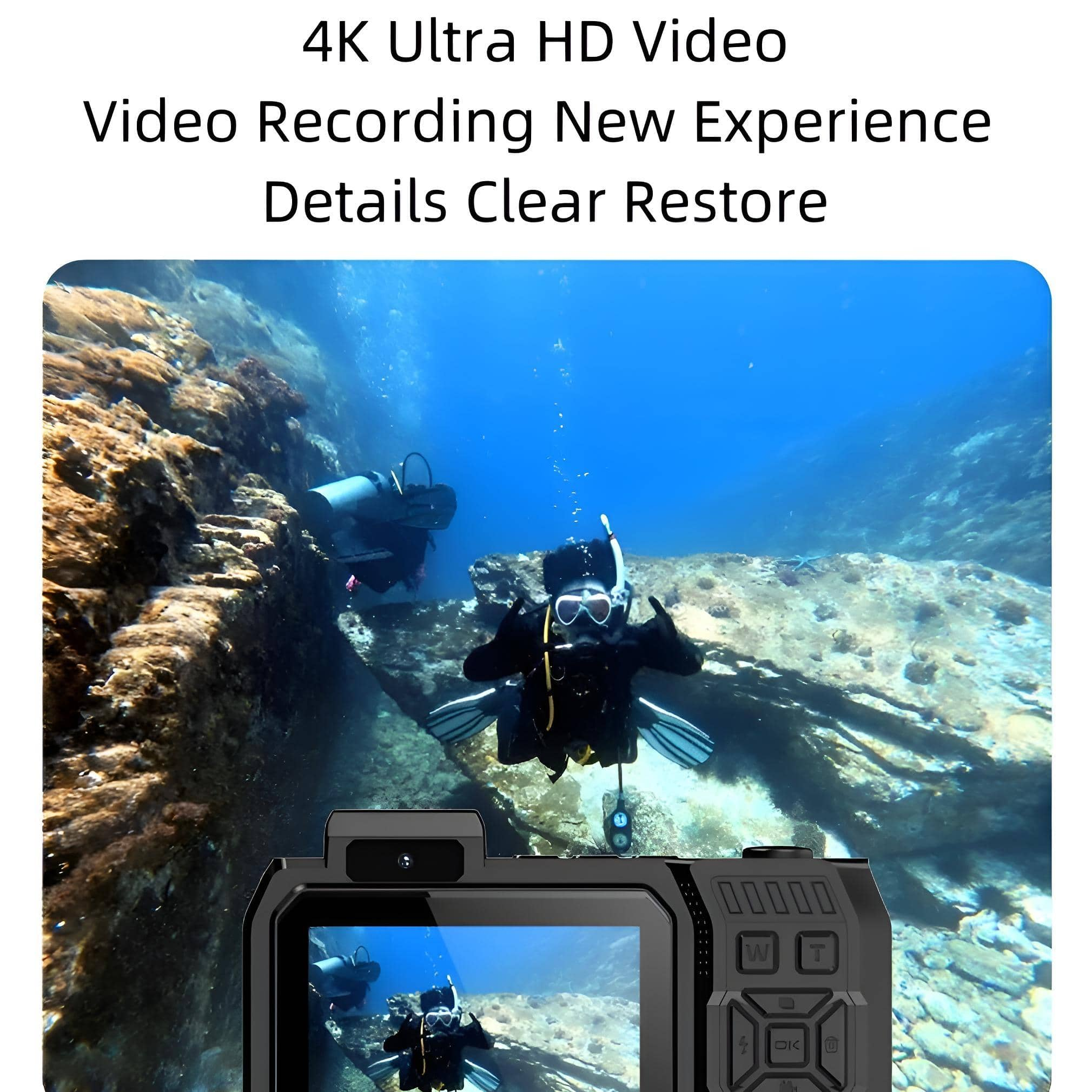 Unterwasserfilmen mit Tauchern und einer Kamera im blauen Wasser. 4K Ultra HD Video Konzept.