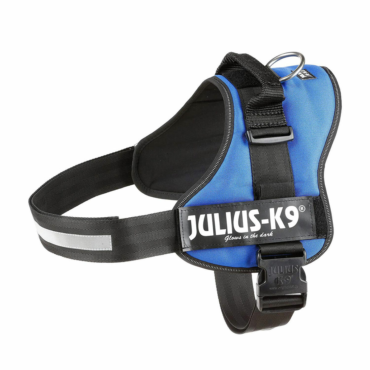 Blaues Hunde-Geschirr mit schwarzen Gurten, einem reflektierenden Streifen und dem 'JULIUS-K9'-Logo.