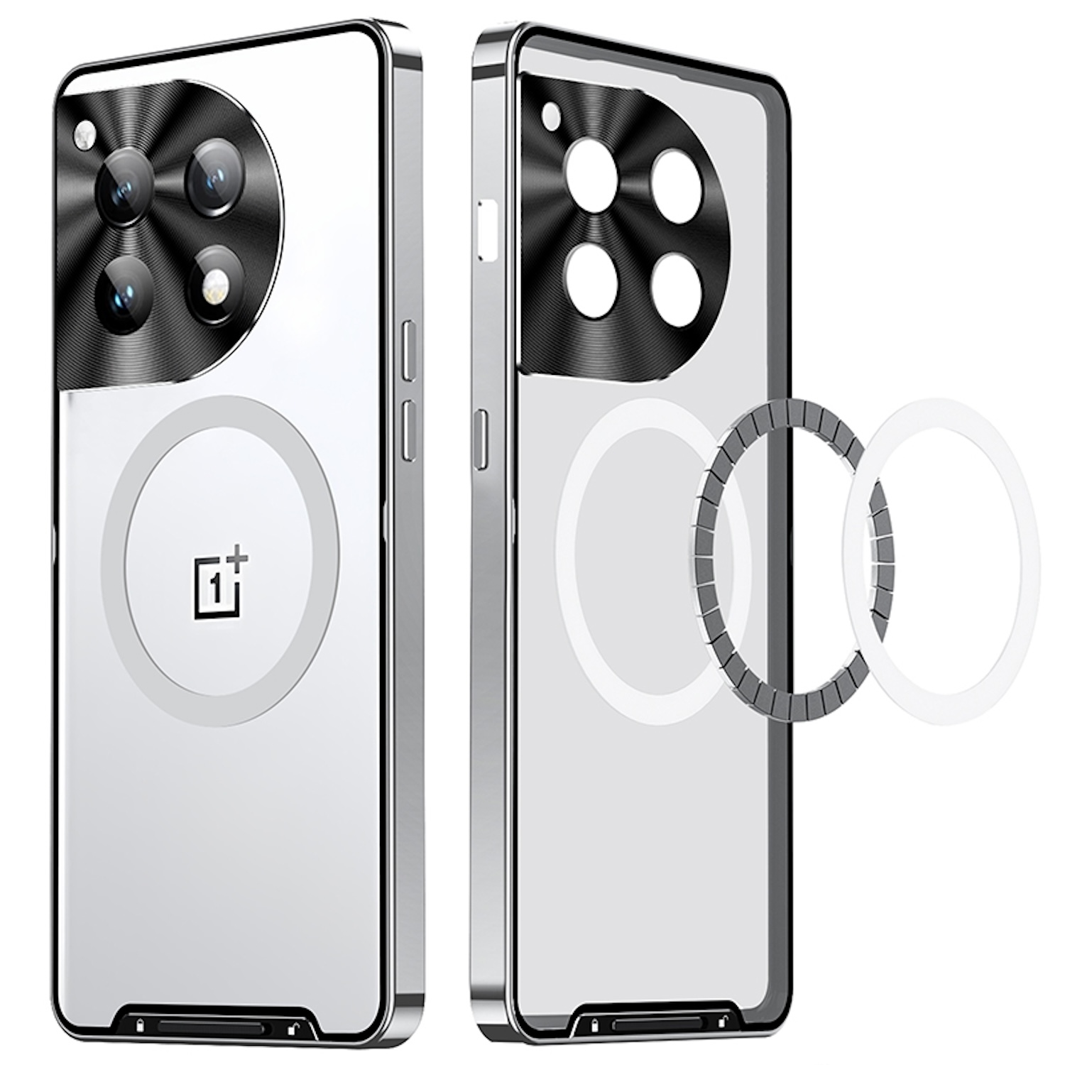 Dos fundas para teléfono. Una plateada y otra transparente. Fondo blanco. Ambas para OnePlus.