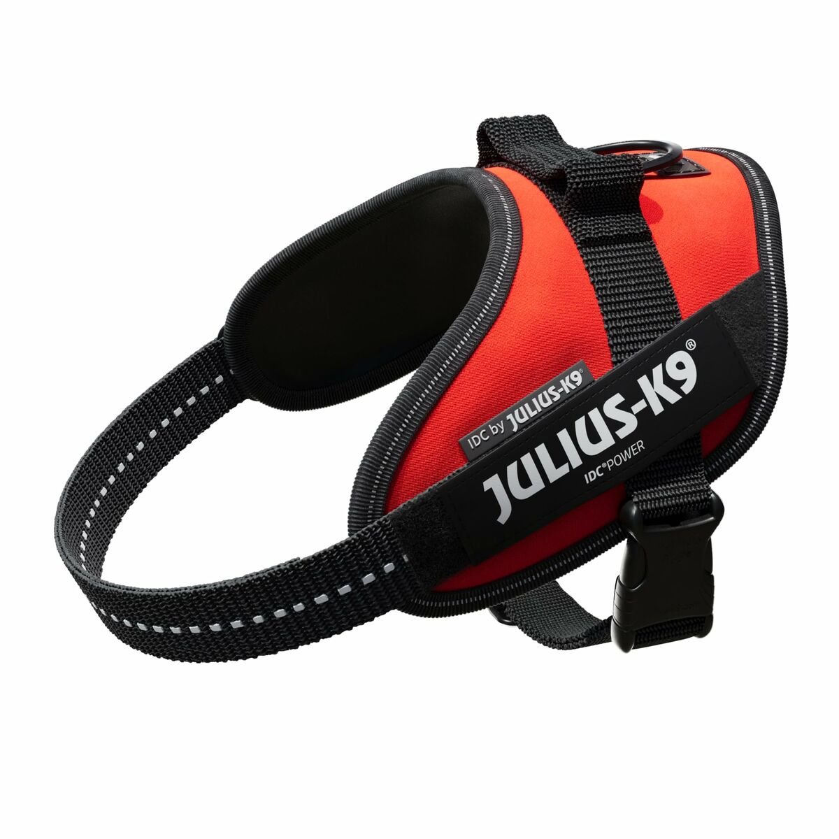 Ein rot-schwarzes Hundegeschirr mit Julius-K9-Logo und Schnalle. Schwarze Gurte und reflektierende Zierleisten.