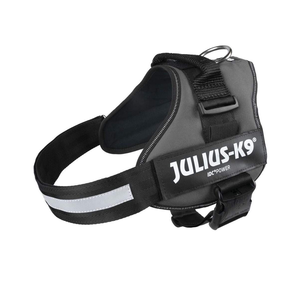 Grauer Hunde-Geschirr mit schwarzen Riemen und dem Text 'JULIUS-K9'. Reflektierender Streifen.