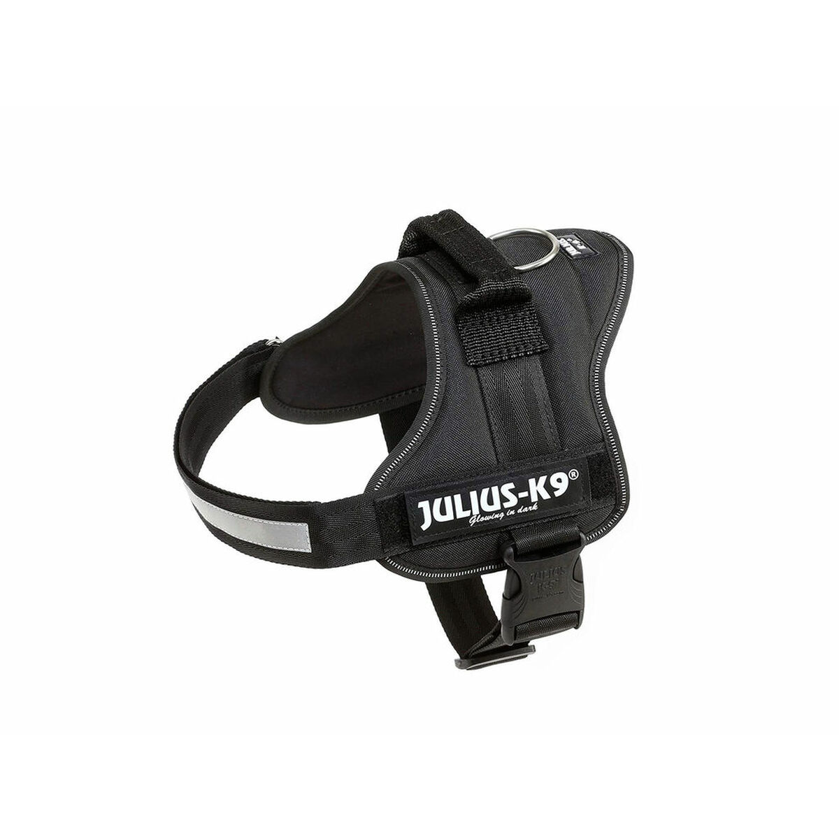 Schwarzes Hunde-Geschirr mit weißem Logo und reflektierendem Streifen.