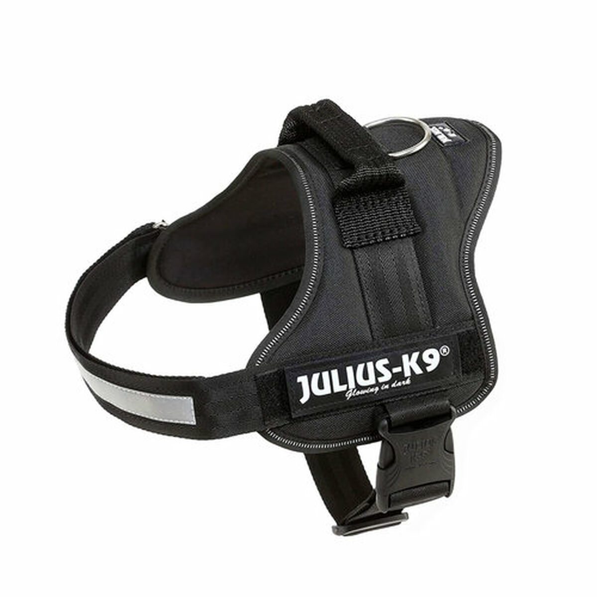 Schwarzes Hundegeschirr mit Julius-K9-Logo und Reflexstreifen. Schnallenverschluss.