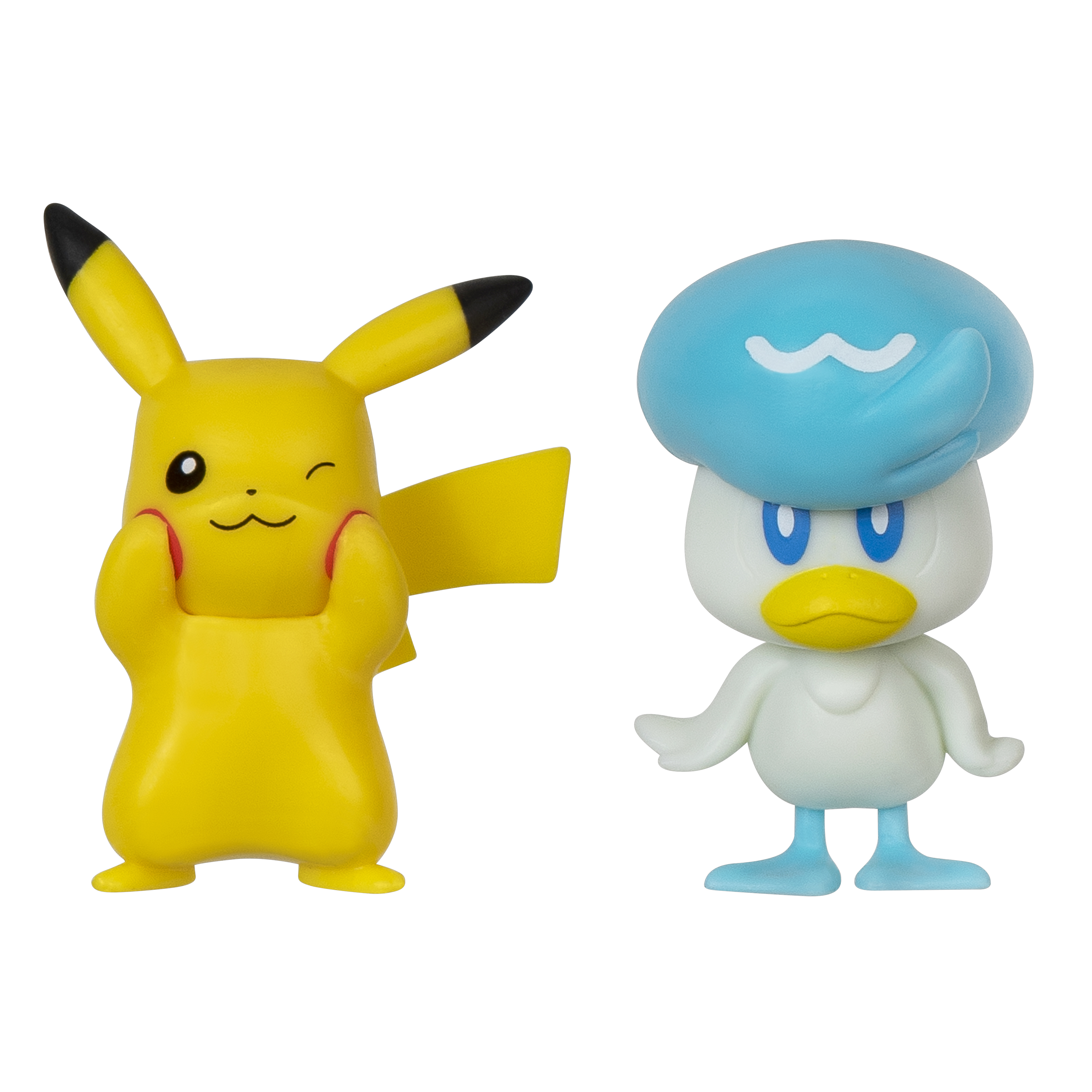 Gelbes Pikachu zwinkert. Entenähnliches Pokémon mit blauem Hut. Weißer Hintergrund.
