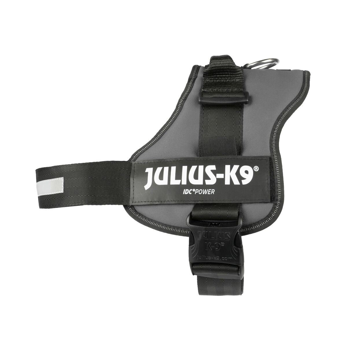 Graues Hundegeschirr mit schwarzen Gurten. Der Markenname 'JULIUS-K9' ist deutlich sichtbar.