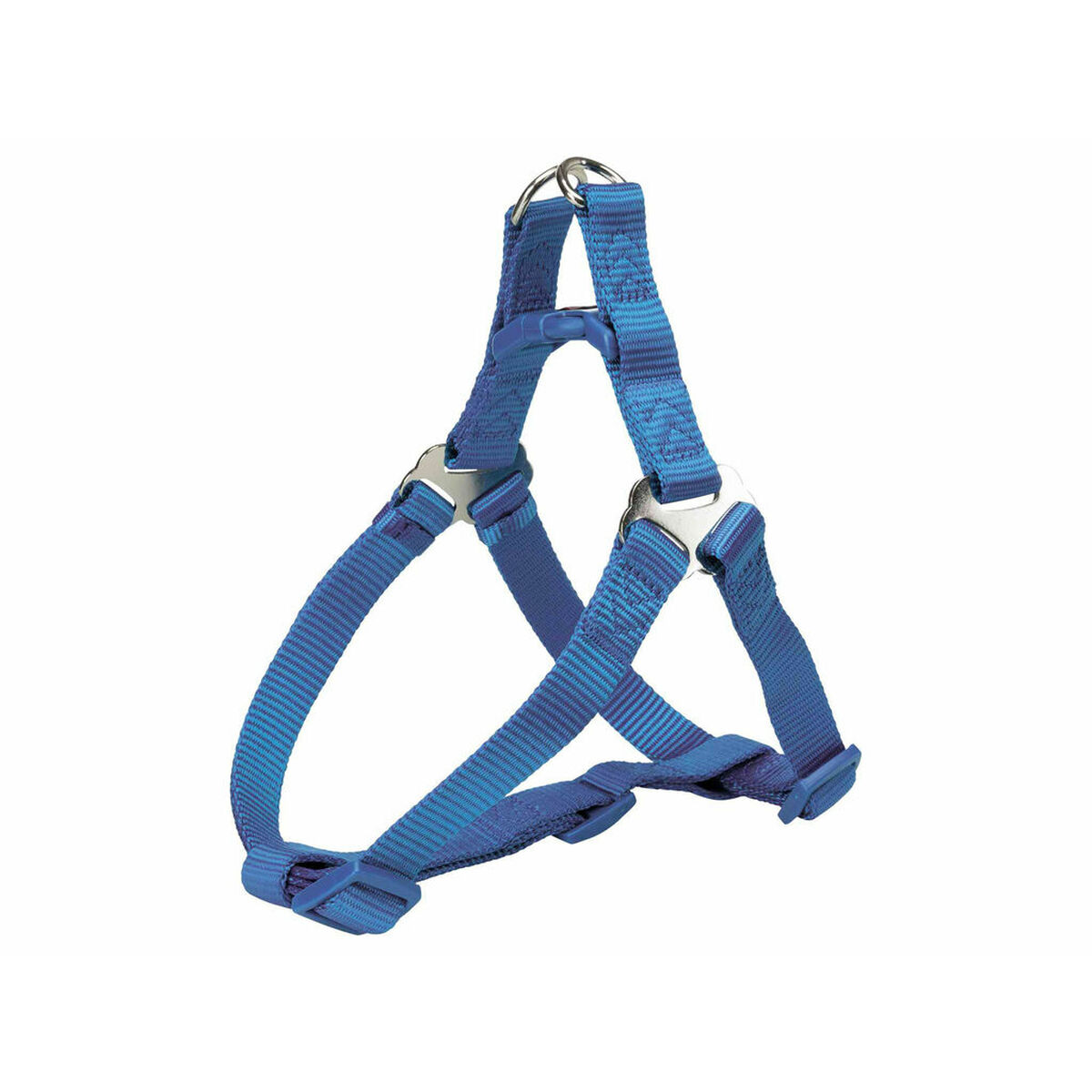 Arnés azul para perros con múltiples correas y hebillas metálicas plateadas, sobre fondo blanco.