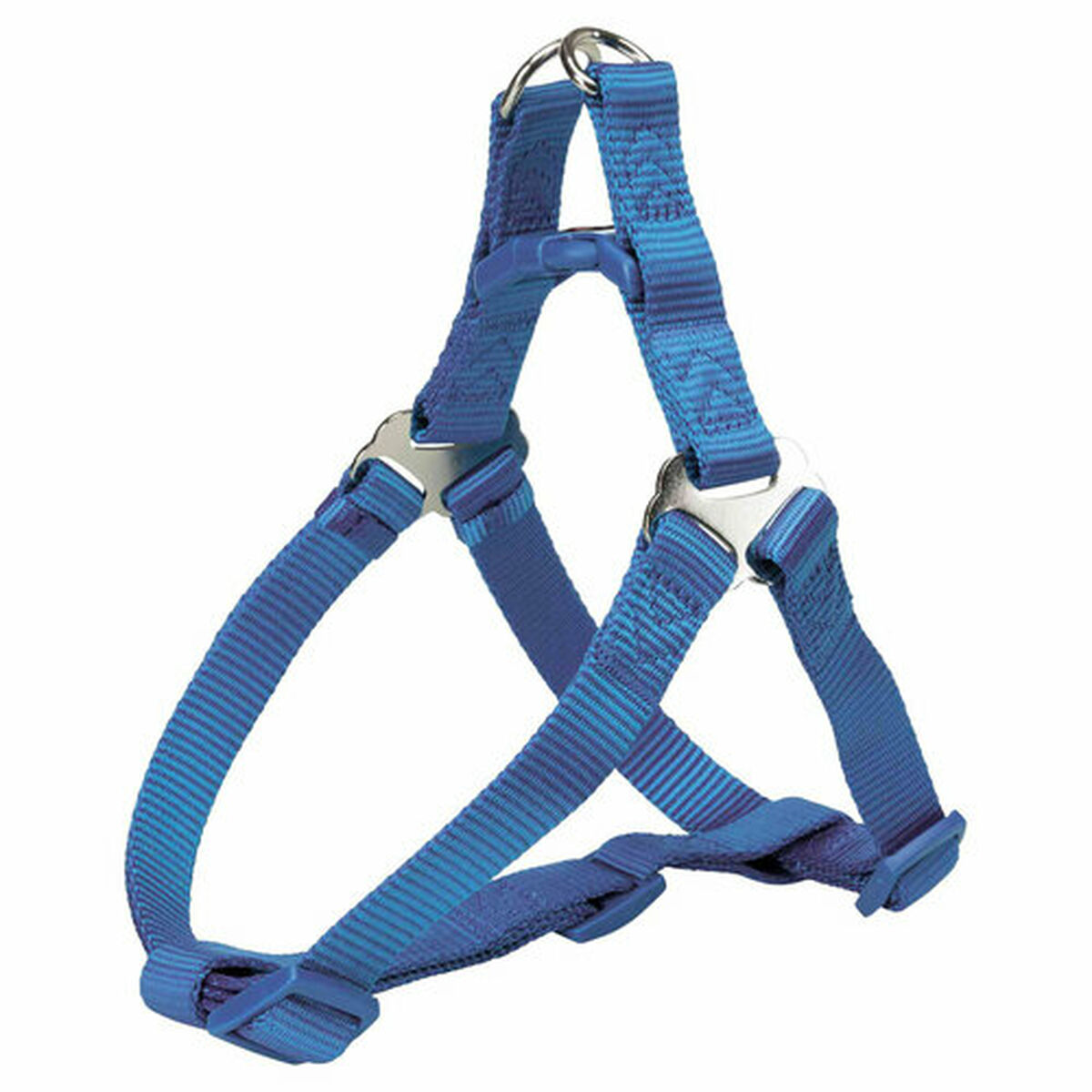 Blauer Hunde-Gurtzeug mit verstellbaren Riemen und Metallverschlüssen. Blaue Farbe.